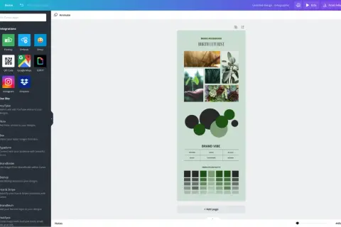Interfejs aplikacji Canva na komputerze z widocznym panelem aplikacji i integracji, gdzie można znaleźć m.in. Pexels, Pixabay, Facebook, Instagram, Google Drive.