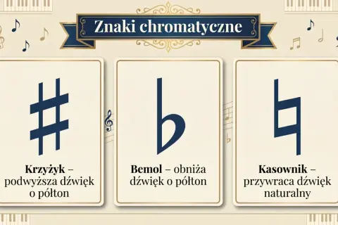 Krzyżyk, bemol i kasownik to znaki chromatyczne, które zmieniają wysokość dźwięku.