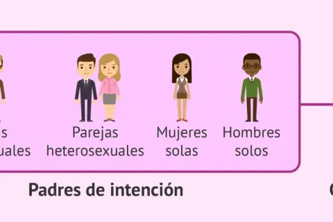 Padres de intención (parejas homosexuales, heterosexuales, mujeres solas, hombres solos) y gestante. Ilustra la gestación subrogada.