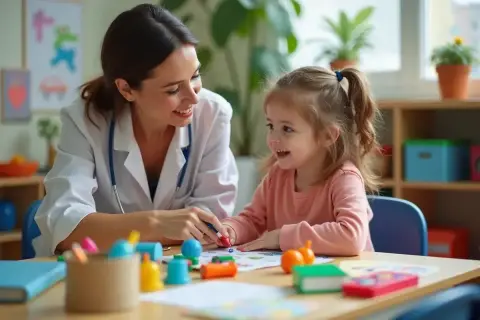 Uśmiechnięta terapeutka pedagogiczna wspiera małą dziewczynkę w zabawie i nauce przy stoliku pełnym kolorowych materiałów.