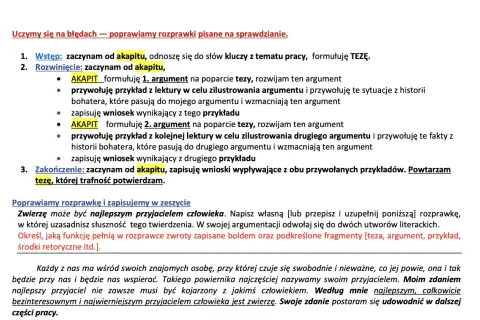 Fragment tekstu z instrukcjami pisania rozprawki, z wyróżnionymi słowami kluczowymi.