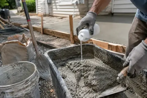 Rękawiczki i kielnia mieszają beton. Powstaje podjazd, który będzie wyglądał jak terazzo.