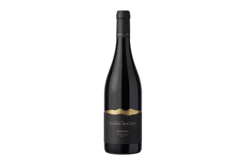 Bottiglia di vino Schiava Elena Walch, con etichetta nera e oro che raffigura montagne. Le caratteristiche di questo vino sono uniche.