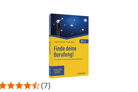 Buchcover "Finde deine Berufung!" zeigt Mann auf Leiter, der Stern greift. Ein Ratgeber, wie man seine Berufung findet.