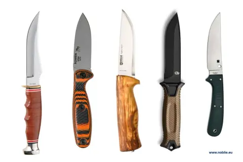 Cinco cuchillos de diferentes diseños, uno de ellos es el mejor cuchillo militar, con mangos de madera, naranja y negro, y verde.