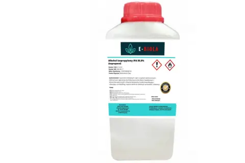 Butelka z etykietą: Alkohol Izopropylowy IPA 99,9% (Izopropanol). Co to jest? To bezbarwna ciecz do czyszczenia elektroniki, dezynfekcji i odkażania.