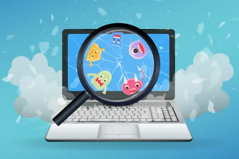 Laptop z kolorowymi potworkami na ekranie, powiększonymi przez lupę. Dowiedz się, jak usunąć wirusa z komputera i pozbyć się tych intruzów.