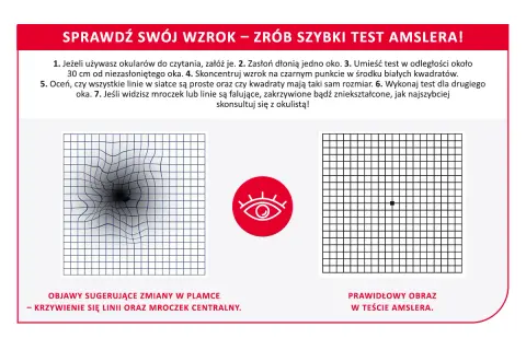 Test Amslera pokazuje zniekształcone linie i mroczek, sugerując problemy ze wzrokiem. Widzenie na żółto może być objawem.