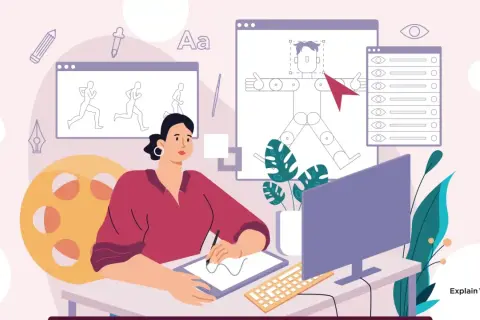 Animator tworzy postać, używając narzędzi do animacji, jak autocut, by ożywić szkice postaci w ruchu.
