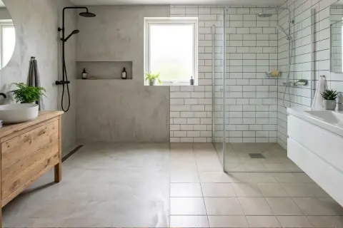 Salle de bain moderne avec béton ciré sur un mur, montrant un inconvénient potentiel : la saleté visible. Douche carrelée à côté.