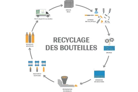 Schéma du recyclage des bouteilles en plastique : collecte, tri optique, broyage, régénération en granulés, injection/soufflage pour de nouvelles bouteilles.