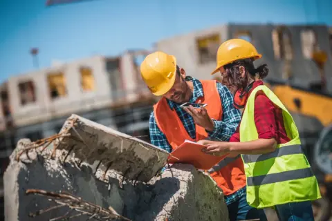Operai con caschi gialli e giubbotti ad alta visibilità discutono la pianificazione progetto su un cantiere, esaminando documenti e smartphone.