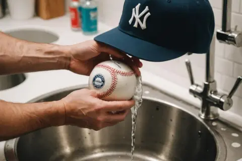 Ręce płuczą piłkę baseballową pod bieżącą wodą, przygotowując się do tego, jak prać czapkę z daszkiem.