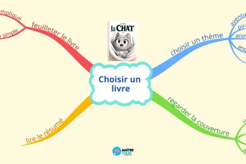 Carte mentale pour une bonne idée lecture : feuilleter, lire le résumé, regarder la couverture, choisir un thème (aventure, pirate, animaux, enquête).