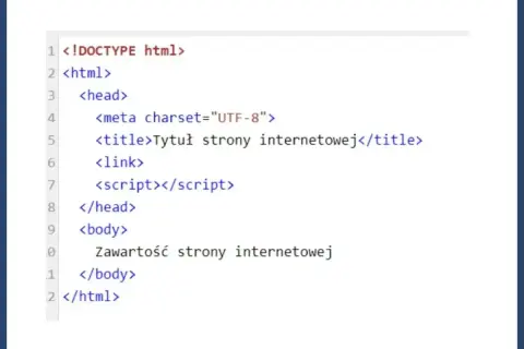 Podstawy, jak zrobić stronę HTML w notatniku: kod z nagłówkiem, tytułem i ciałem strony.