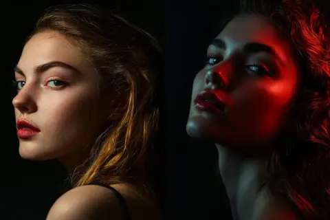 Portrait partagé : à gauche, une jeune femme au naturel, à droite, son visage baigné d'un **calque rouge Photoshop** dramatique.