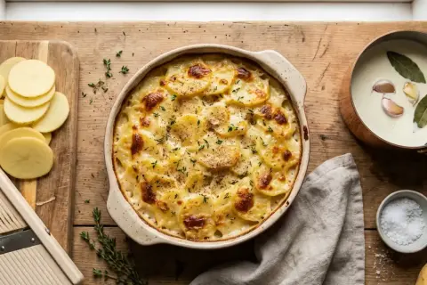 Un gratin dauphinois onctueux, prêt à être dégusté, comme le ferait Cyril Lignac. Des pommes de terre fines, dorées et gratinées.