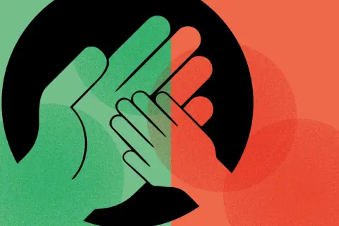 Zwei Hände, grün und rot, treffen sich in einem Kreis. Ein Symbol für positiven Frieden und Zusammenhalt.