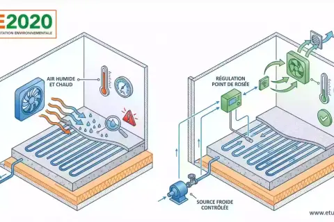 Illustration montrant les inconvénients du plancher rafraîchissant : condensation due à l'air chaud et humide, puis régulation du point de rosée.