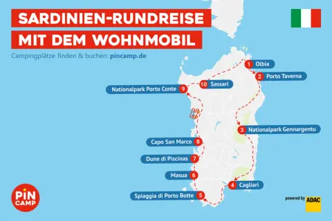 Sardinien-Rundreise mit dem Wohnmobil: Karte zeigt Route von Olbia über Sassari und Cagliari, mit Stopps an Nationalparks und Stränden. Perfekt für deinen Sardinien Roadtrip!