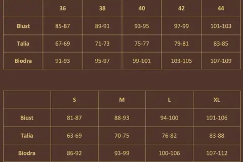 Tabela rozmiarów odzieży. Rozmiar 38 odpowiada biustowi 89-91 cm, talii 71-73 cm i biodrom 95-97 cm.