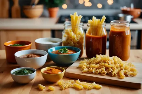 En härlig samling av olika pastasorter och såser, redo att bli en utsökt måltid. En perfekt pasta sorter-upplevelse.