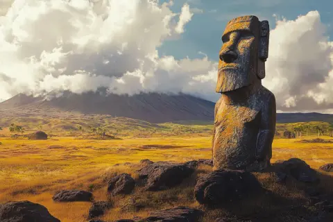 Un moái solitario vigila la Isla de Pascua, con un volcán cubierto de nubes al fondo y palmeras dispersas en el paisaje dorado.