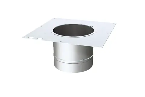 En fyrkantig plåt med ett runt hål i mitten, fäst vid ett runt rör. Kan användas som ett backspjäll för ventilation.