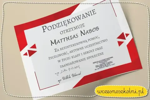 Dyplom z podziękowaniami dla nauczyciela dla Matthiasa Naboba za pomoc i zaangażowanie.