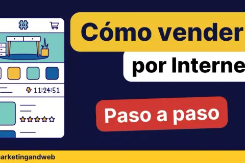 Ilustración de una app de ecommerce con el texto "Cómo vender por Internet paso a paso".