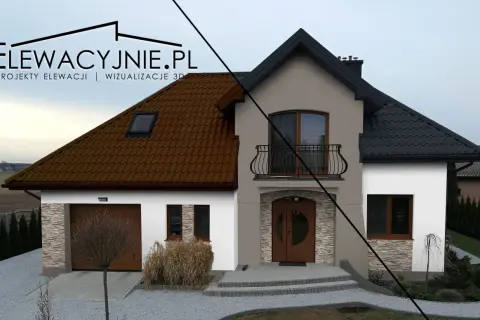 Wizualizacja 3D porównująca kolor dachu i elewacji: brązowa dachówka i jasna ściana vs. czarna dachówka i grafitowo-biała elewacja.