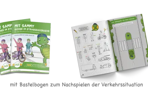 Bücher und Bastelbogen zur Verkehrserziehung im Kindergarten mit Schildern, Ampeln und Fahrzeugen.