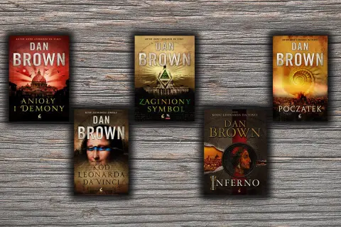 Okładki książek Dana Browna: Anioły i Demony, Zaginiony Symbol, Początek, Kod Leonarda da Vinci, Inferno.