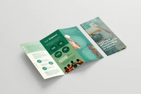 A trifold brochure design showcasing impact statistics, beneficiary stories, and organizational mission.