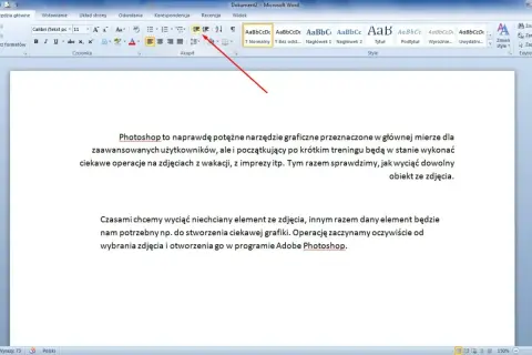 Zrzut ekranu z programu Microsoft Word, pokazujący pasek narzędzi z opcjami akapitu i fragment tekstu.