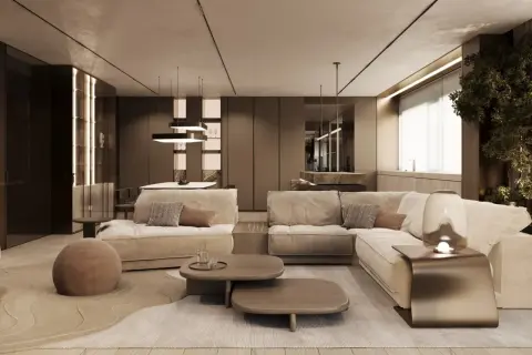 Przytulny salon w stylu quiet luxury: beżowa sofa, drewniane stoliki, miękki dywan i subtelne oświetlenie tworzą oazę spokoju.