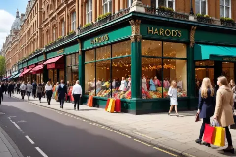 Folk shoppar på Harrods, en av Londons mest kända london butiker. Fönstren är fyllda med färgglada varor och skyltdockor.