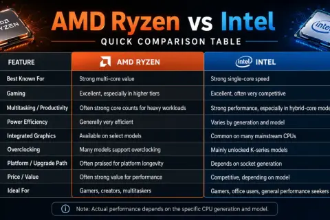 Vergleichstabelle: AMD Ryzen vs. Intel. Zeigt Stärken bei Multi-Core-Leistung (AMD) und Single-Core-Geschwindigkeit (Intel).
