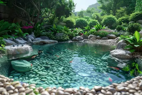 Un étang paisible, bordé de galets et de verdure luxuriante, abrite des poissons rouges nageant parmi les pierres. Un véritable **algue jardin** miniature.
