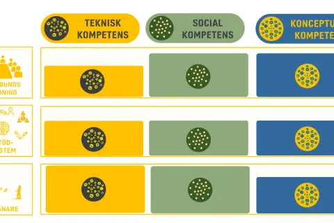 Diagram visar olika kompetensområden: teknisk, social och konceptuell. Dessa är kopplade till förbundsledning, stödsystem och tränare, vilket illustrerar breda bra kompetenser.