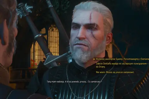 Geralt z Rivii w "Wiedźmin 3 Długa Noc" rozważa trudne decyzje. Jego blizny i zmęczone oczy świadczą o ciężkiej nocy.