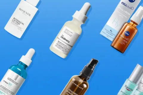Verschiedene Seren mit Hyaluronsäure von Marken wie The Ordinary, Nivea und La Roche-Posay für straffe Haut.
