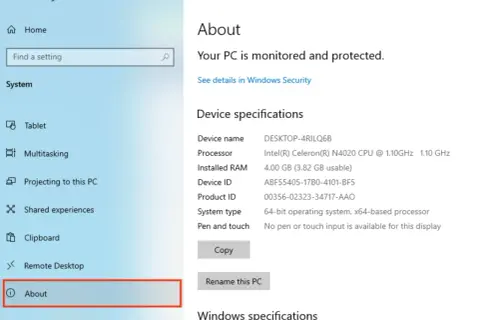 Ekran ustawień Windows, sekcja "Informacje" pokazuje, jak sprawdzić parametry komputera: nazwa urządzenia, procesor, RAM, typ systemu.