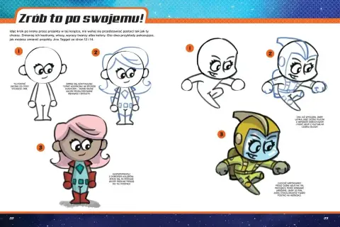 Ilustracja przedstawia trzy etapy rysowania postaci z kreskówki: szkic, dodanie detali i kolorowanie.