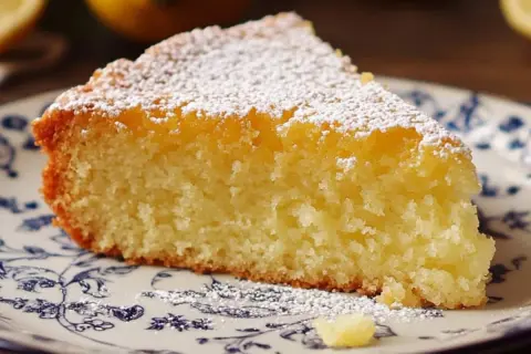 Tranche de fondant citron mascarpone saupoudrée de sucre glace, sur une assiette ornée de motifs bleus.