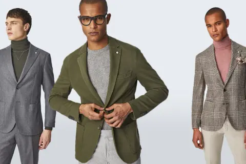 Tre uomini mostrano un elegante abbigliamento business casual uomo: completi grigi, giacche verdi e a quadri con dolcevita.