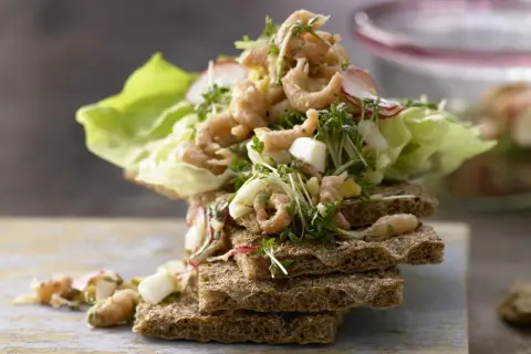 Leckeres Krabbensalat Rezept auf Vollkornbrot mit Salat, Radieschen und Kresse. Frisch und appetitlich angerichtet.
