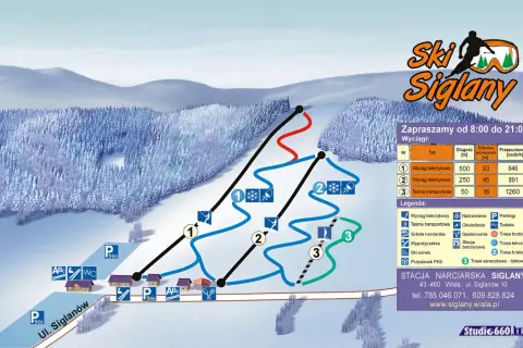 Mapa stacji narciarskiej Siglany w Wiśle z zaznaczonymi wyciągami narciarskimi, trasami i infrastrukturą.