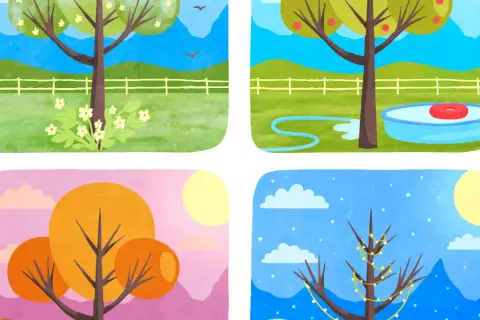 Ilustración del orden de las estaciones del año: árbol con flores (primavera), con manzanas y piscina (verano), con hojas naranjas (otoño) y con luces (invierno).
