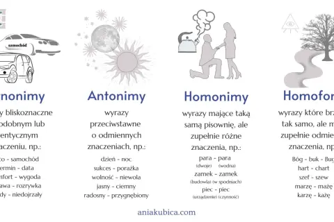 Ilustracje przedstawiające synonimy (auta), antonimy (księżyc i słońce), homonimy (para, zamek) i homofony (Bóg, buk).
